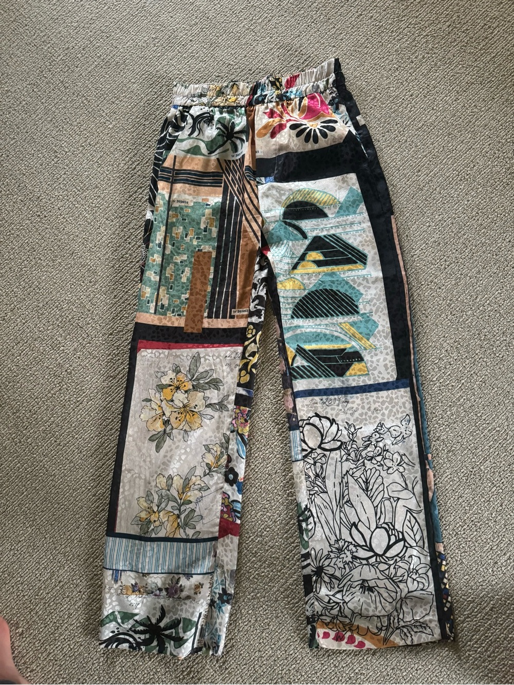 Zara Multicolor Patchwork silky feel pants pull on with pockets